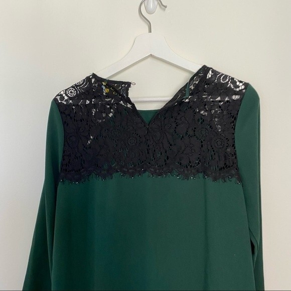 Cece by Cynthia Steffe Dress Forest Green Black Lace Trim Shift Long Sleeve Mini - Picture 8 of 8